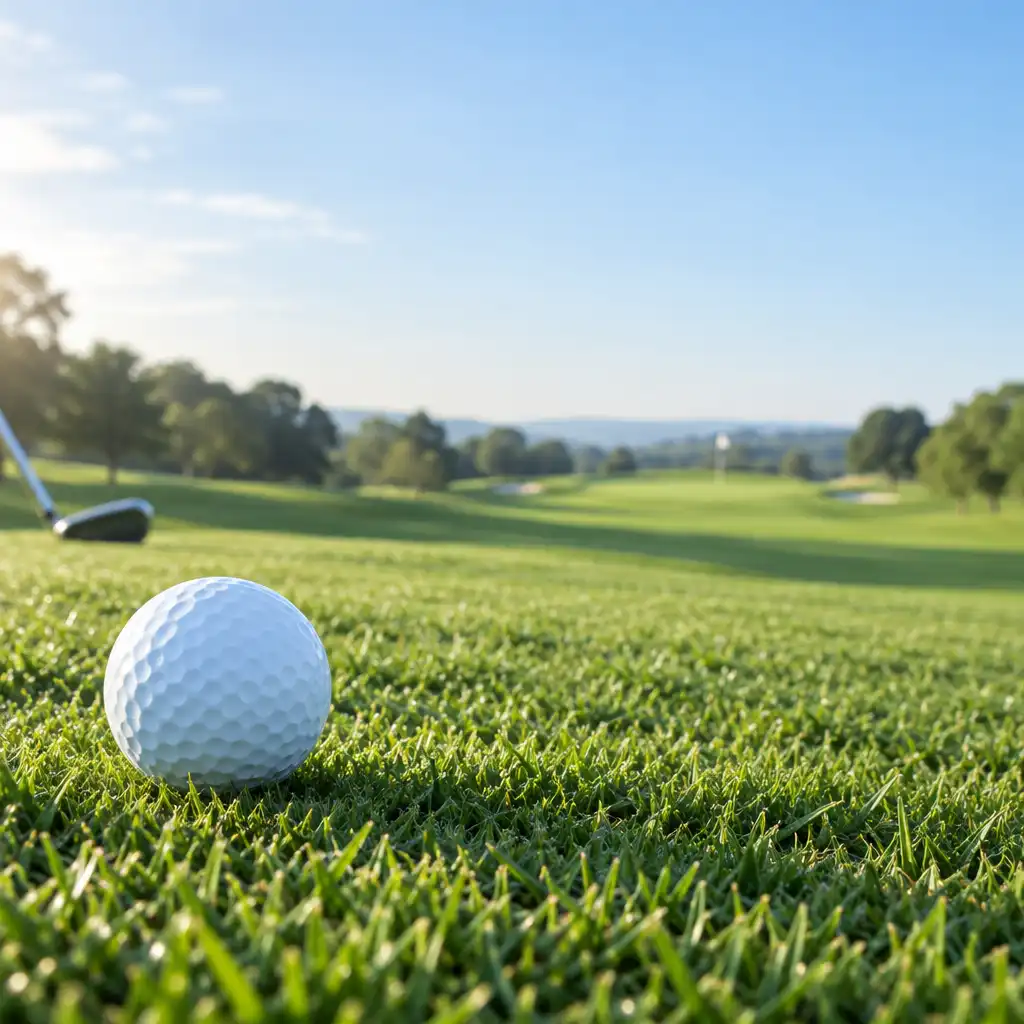 Balle de golf blanche sur un fairway lumineux avec un parcours qui s’ouvre au loin