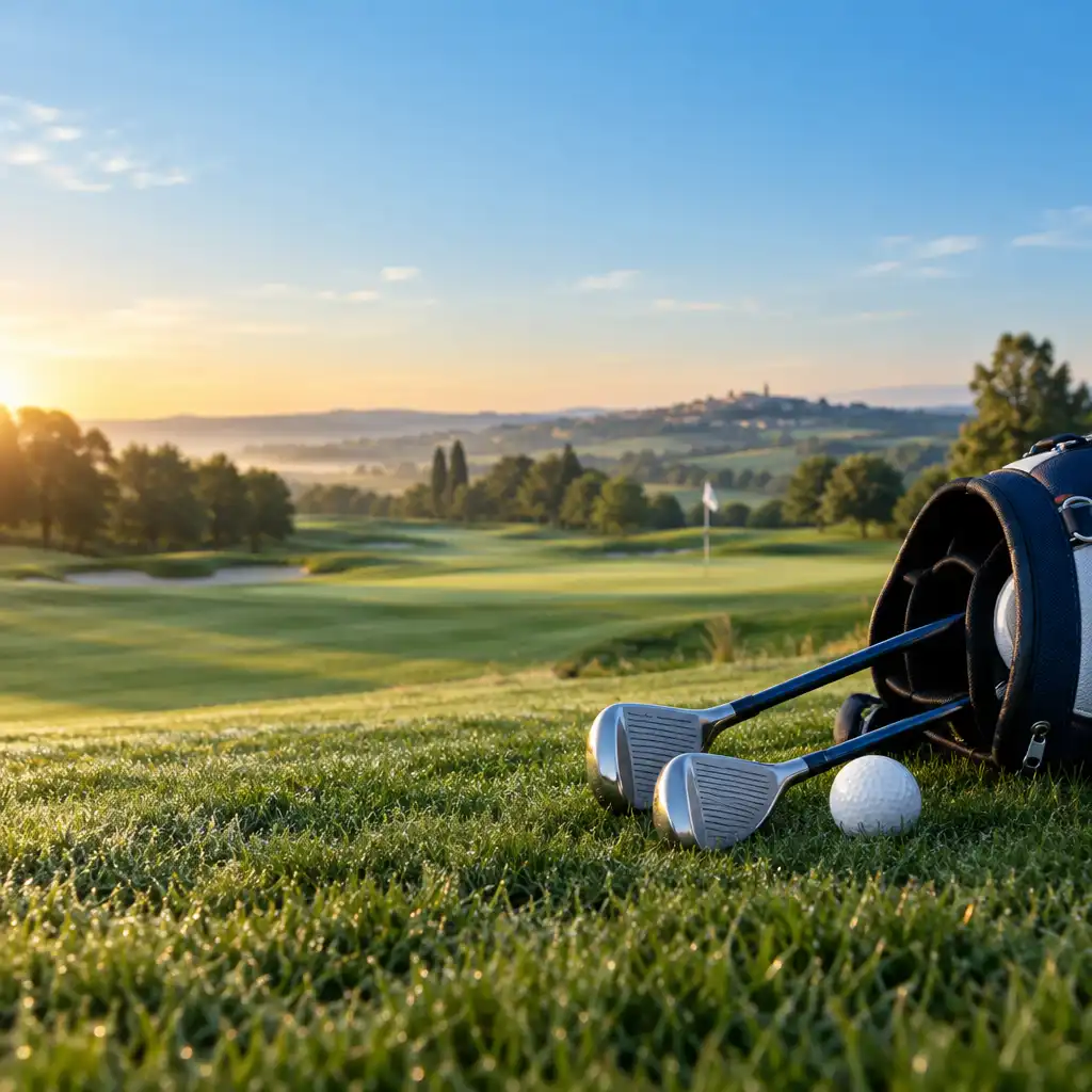 Clubs de golf et balle blanche près d’un fairway au lever du jour