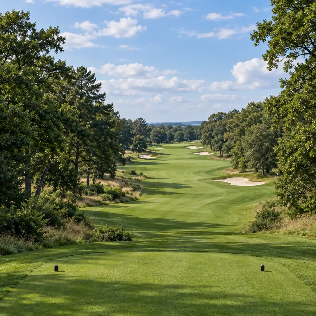 Fairway structuré entre des arbres, offrant plusieurs zones d’atterrissage visibles.