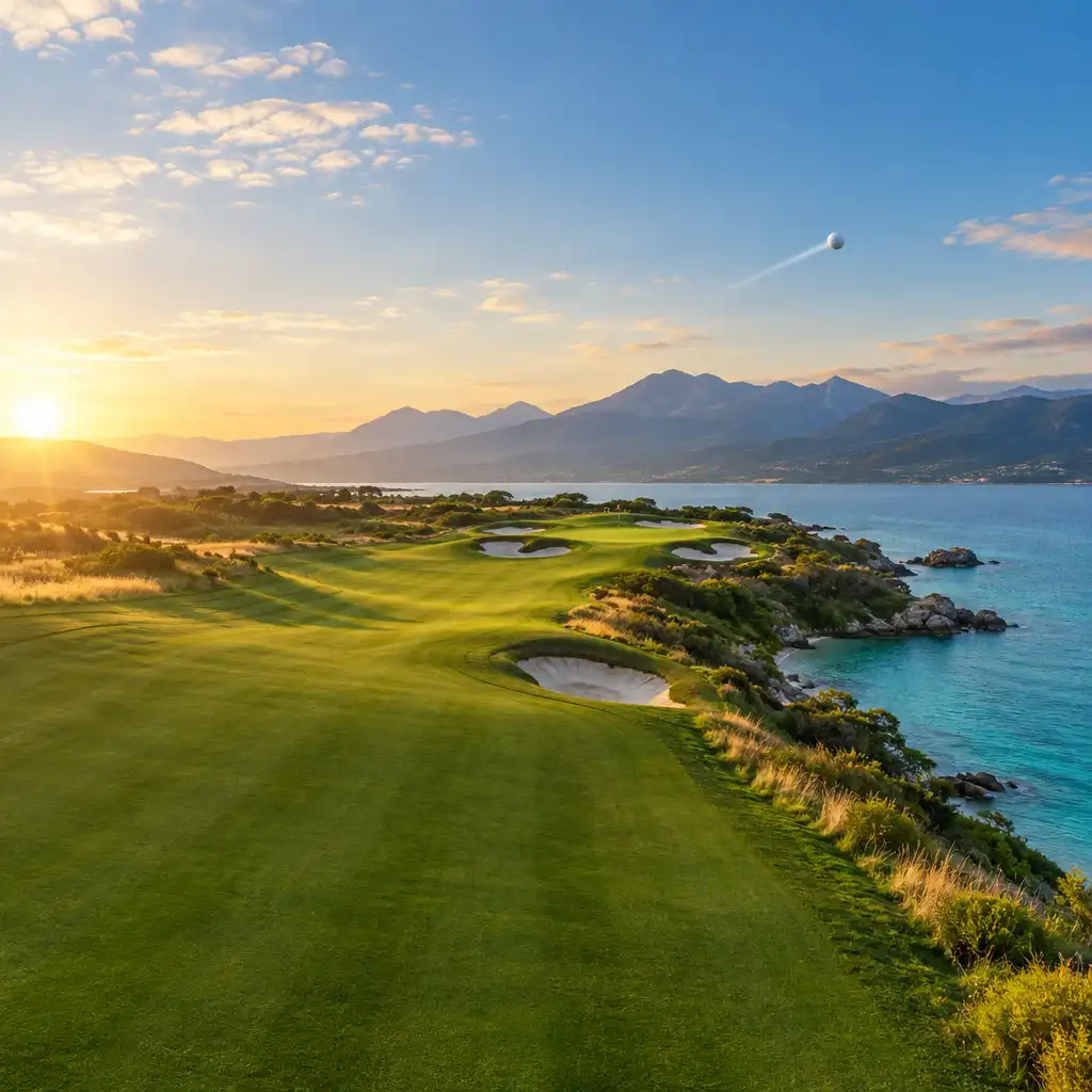 Parcours de championnat au lever du soleil, avec un green lointain, de l'eau turquoise et une balle de golf en vol.