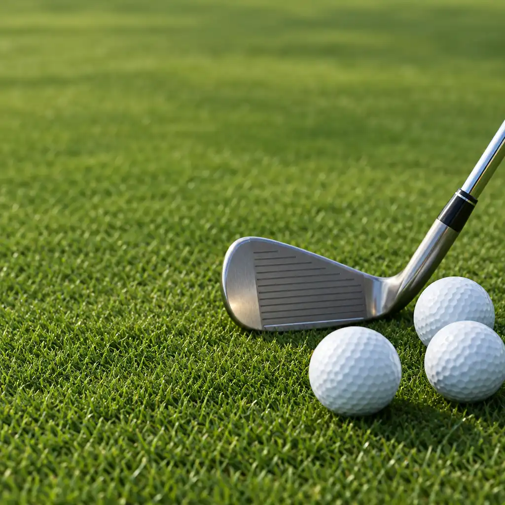 Tête de club métallique et balles de golf blanches sur un gazon tondu