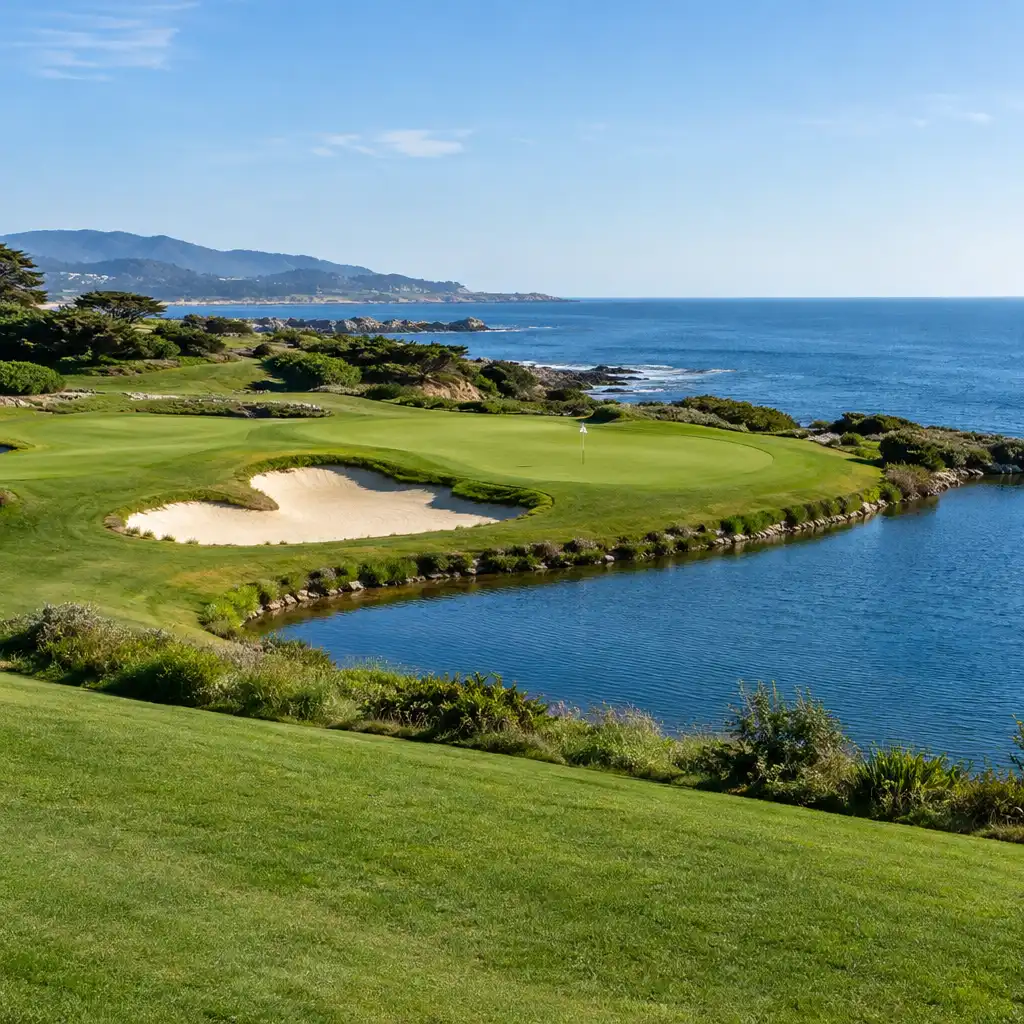 Fairway de golf en hauteur menant vers un green bordé d'un bunker clair et d'une étendue d'eau bleue.