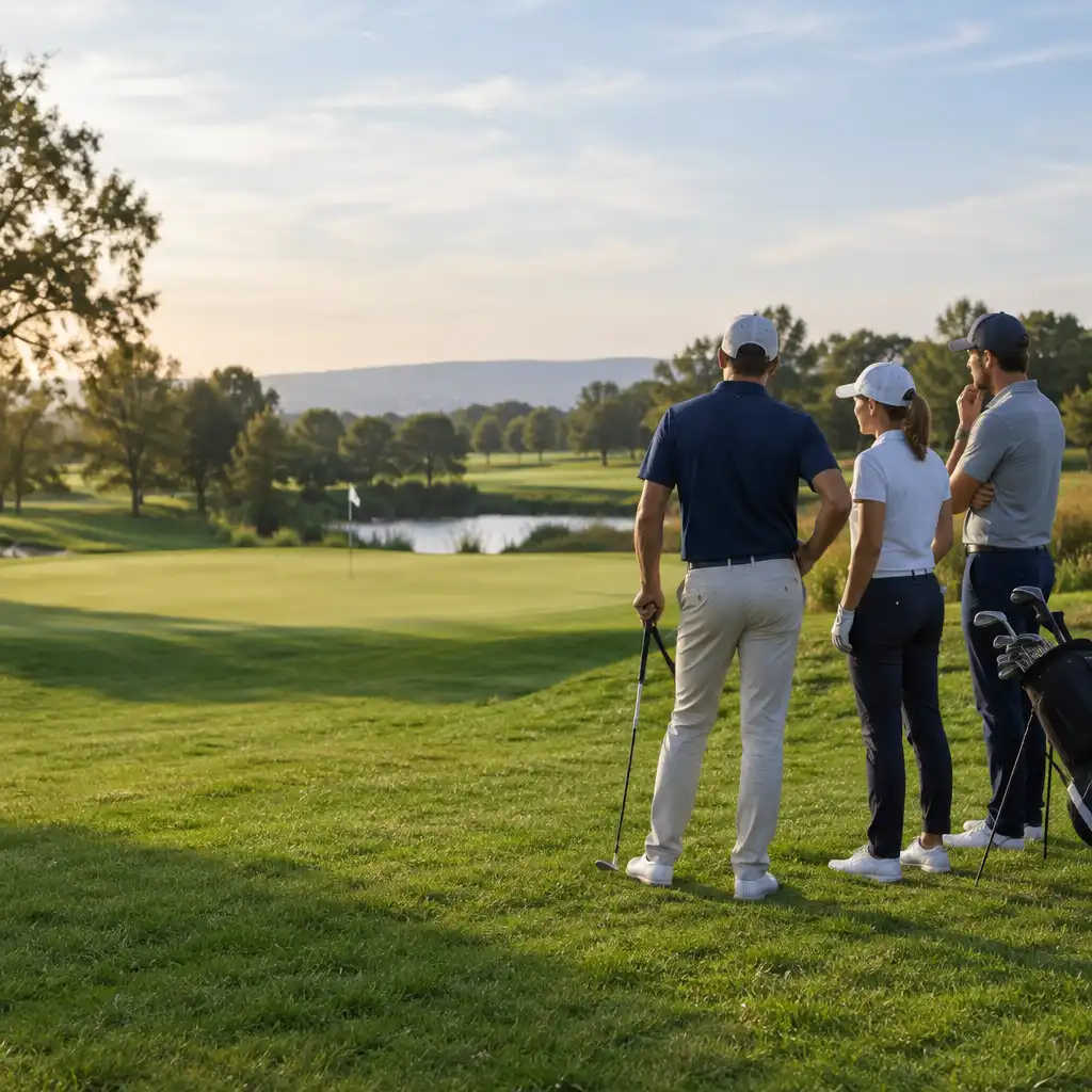 Quatre golfeurs vus de loin réunis près d'un green au petit matin.