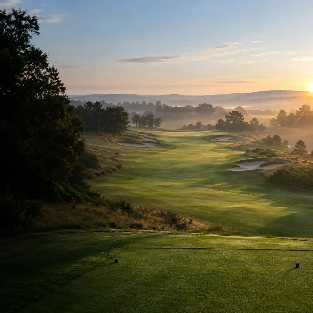 Fairway de golf au lever du jour menant vers un green lointain