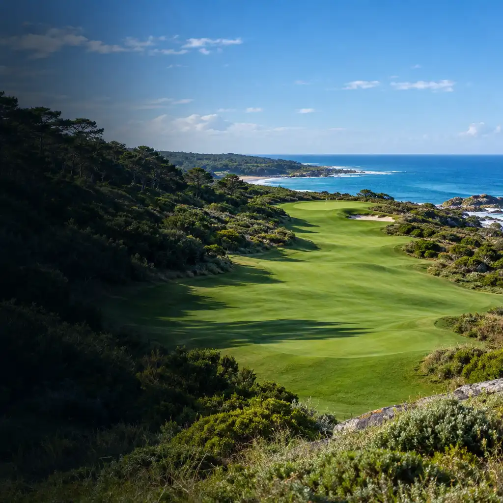 Panorama d’un parcours de golf vallonné avec fairway, green et bunker dans un paysage naturel