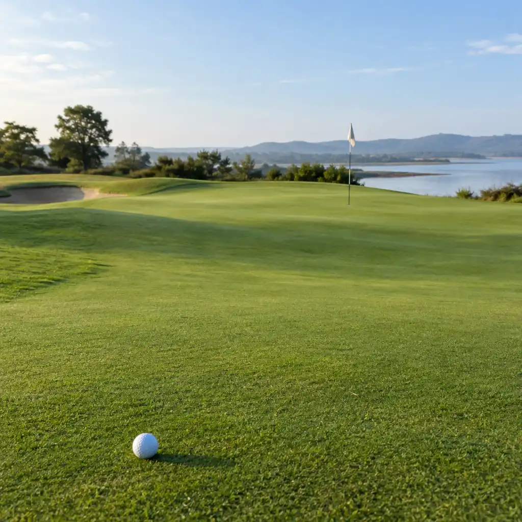 Balle de golf au premier plan d'un green vallonné, avec un drapeau au loin et un bunker discret.