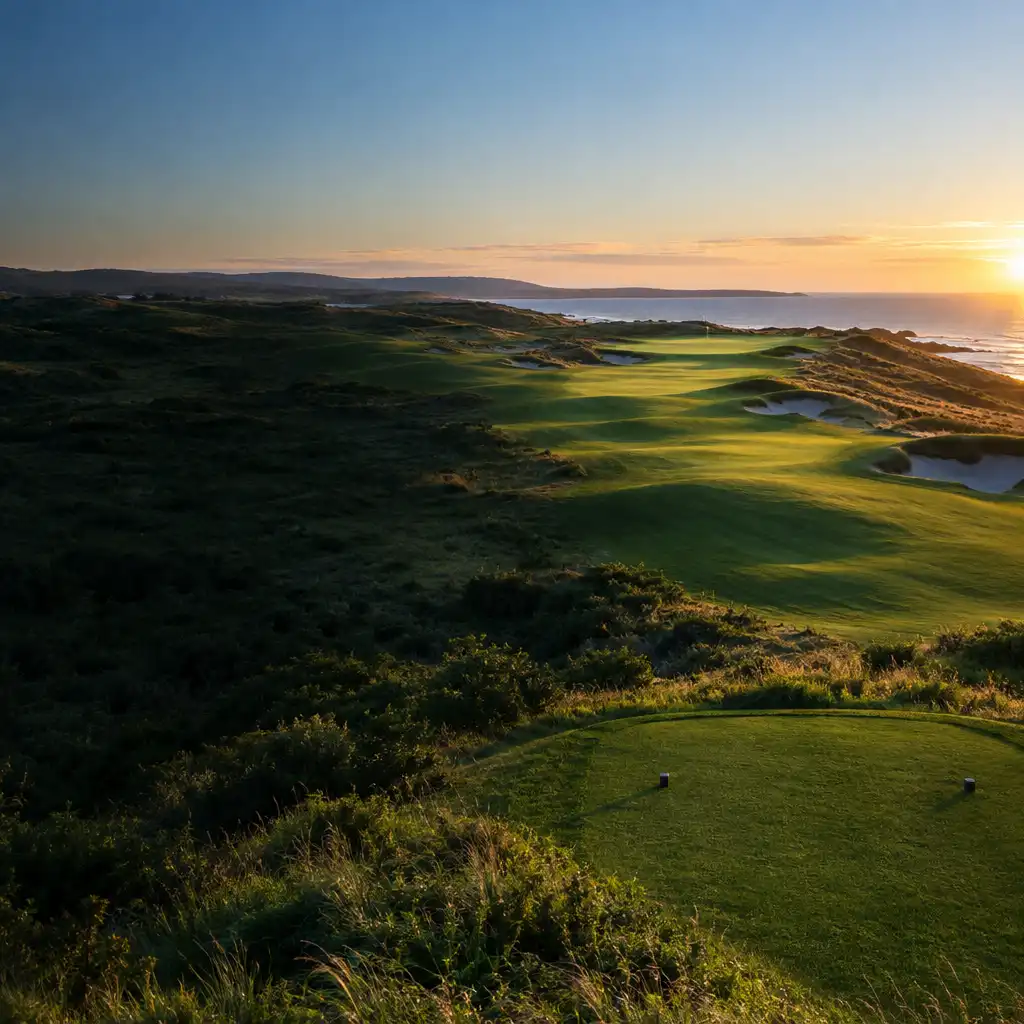 Fairway vallonné au lever du soleil menant vers un green lointain