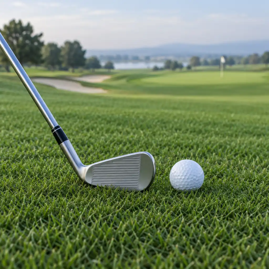 Club de golf métallique et balle blanche posés dans une herbe soignée
