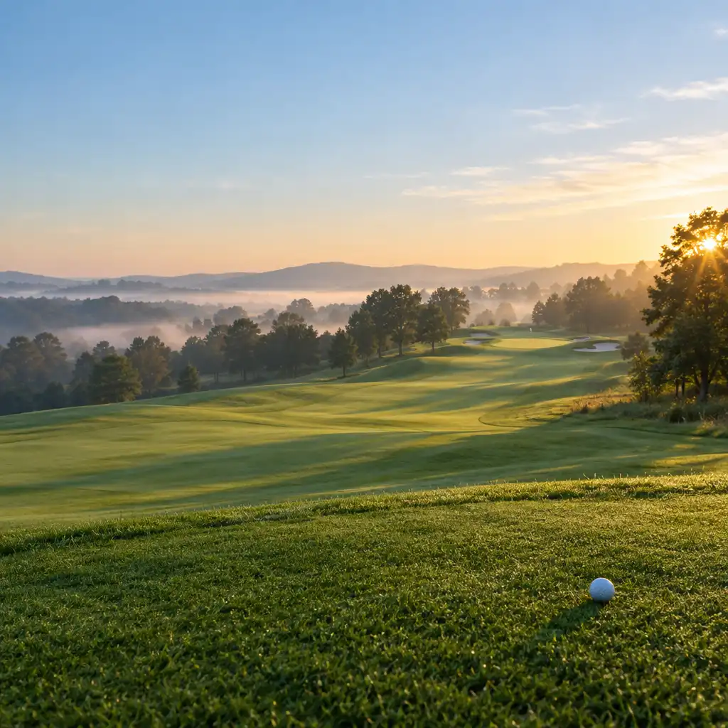 Fairway vallonné au lever du jour avec une balle de golf au premier plan