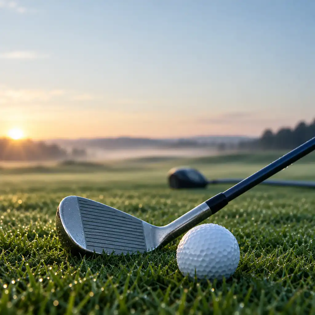 Club de golf et balle blanche préparés sur une herbe fraîche au lever du jour