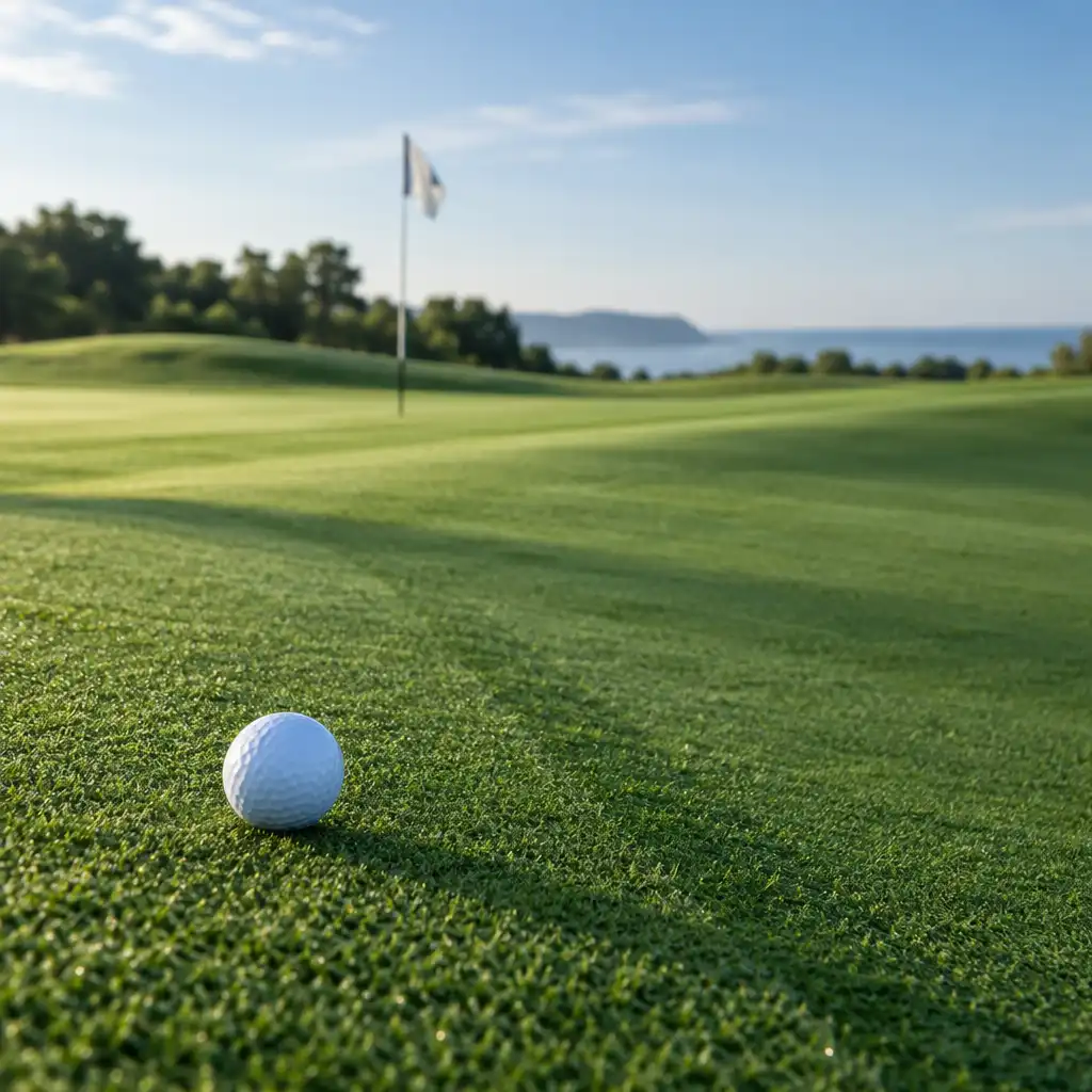 Balle de golf posée sur un green dont les reliefs sont visibles
