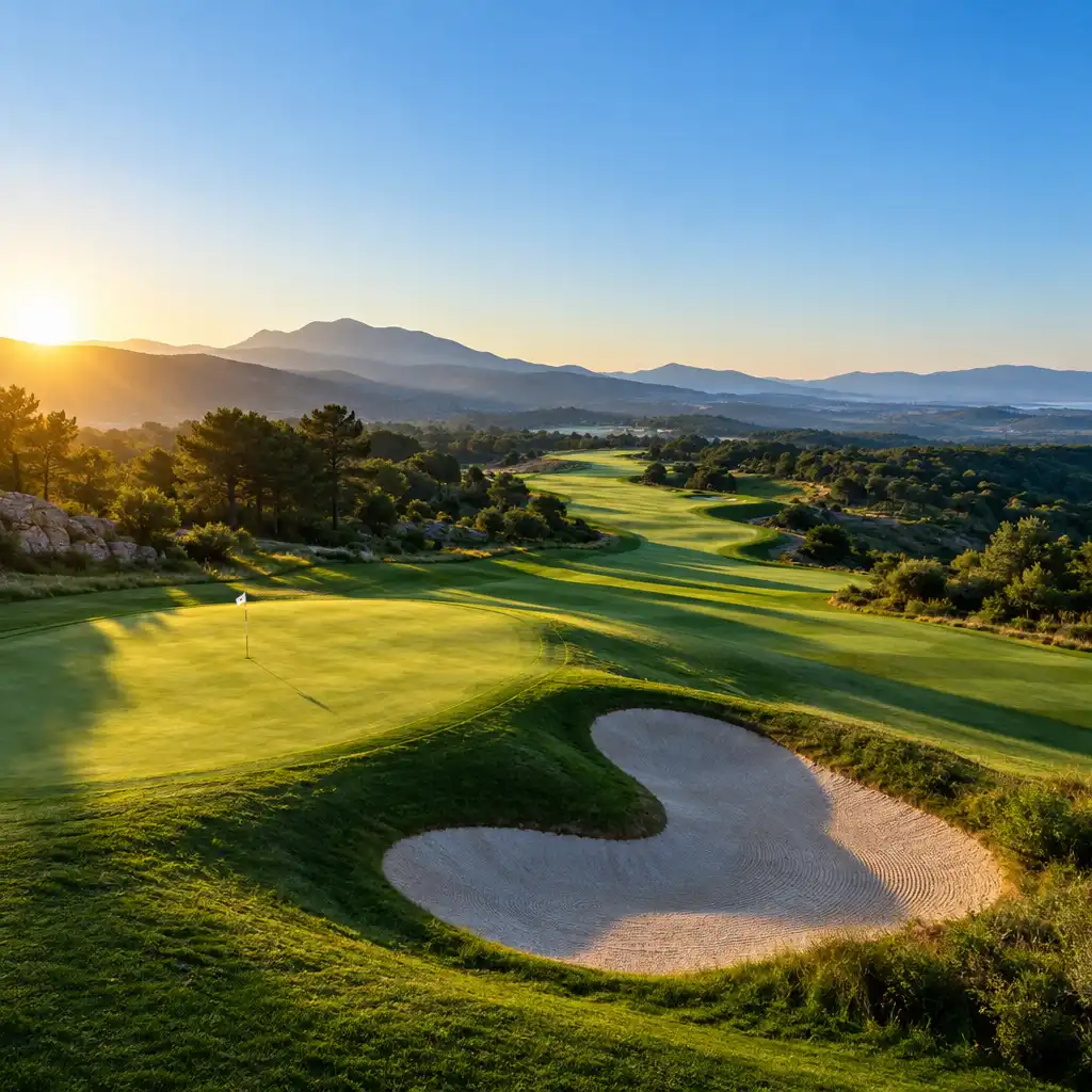 Parcours de golf au petit matin avec green lumineux et bunker sculpté