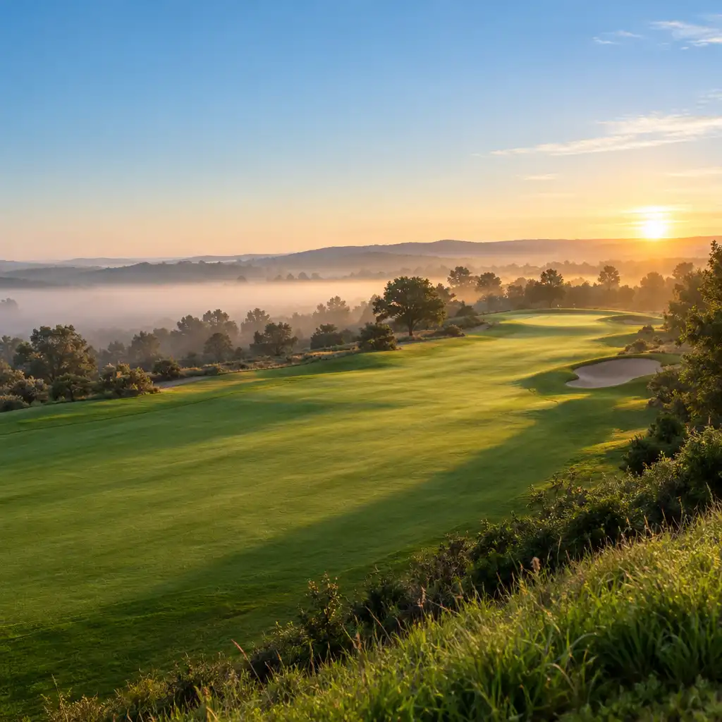 Fairway de golf verdoyant au lever du jour, avec un green lointain et une lumière douce.