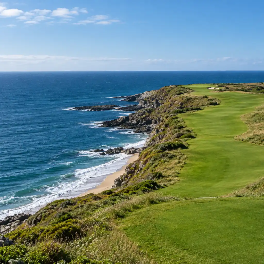 Parcours de golf côtier avec fairway vert, falaises herbeuses et horizon marin.