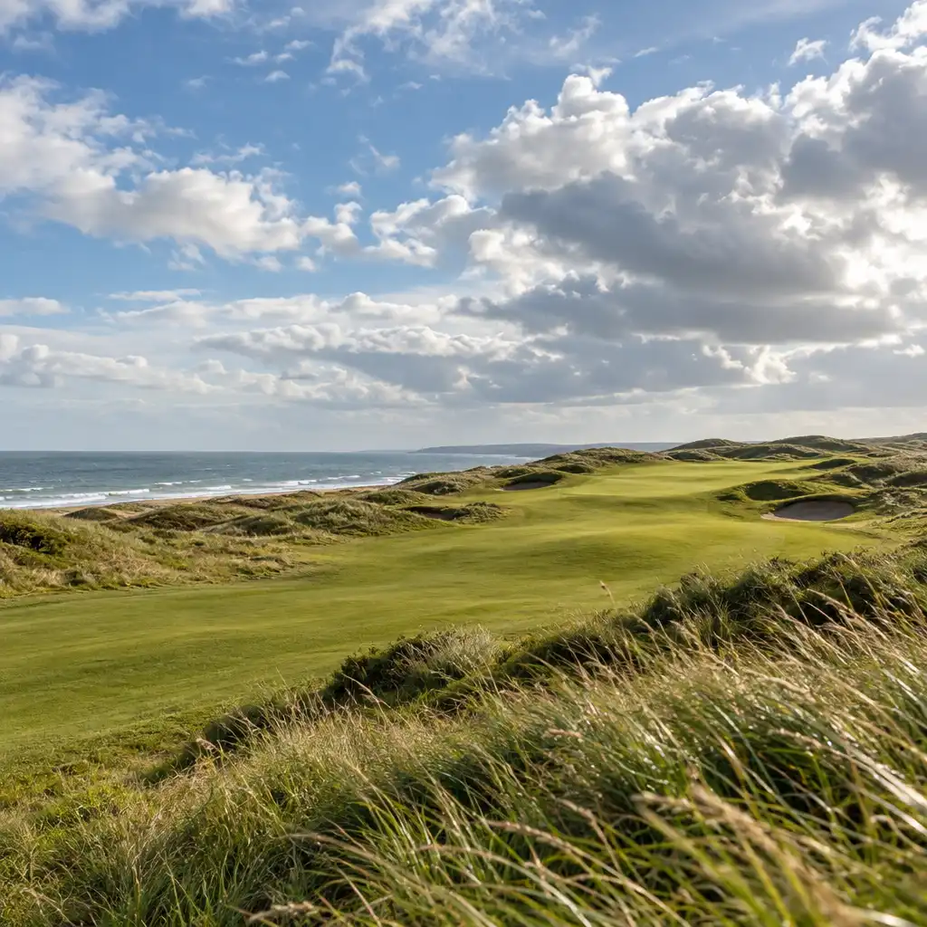 Paysage de links avec fairway ouvert, herbes ondulantes, dunes modestes et ciel lumineux.