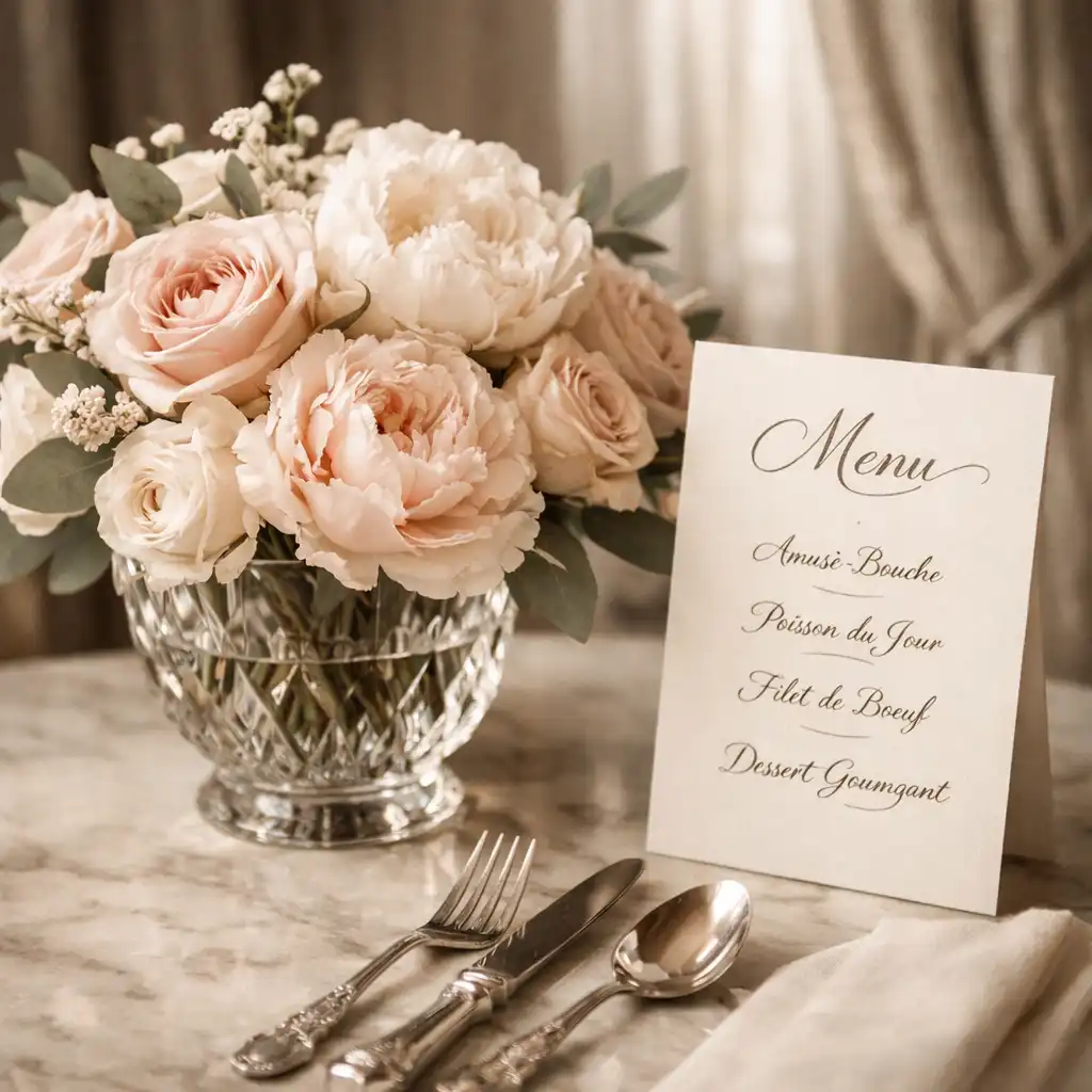 Composition florale raffinée avec roses et pivoines dans un vase en cristal sur une table en marbre