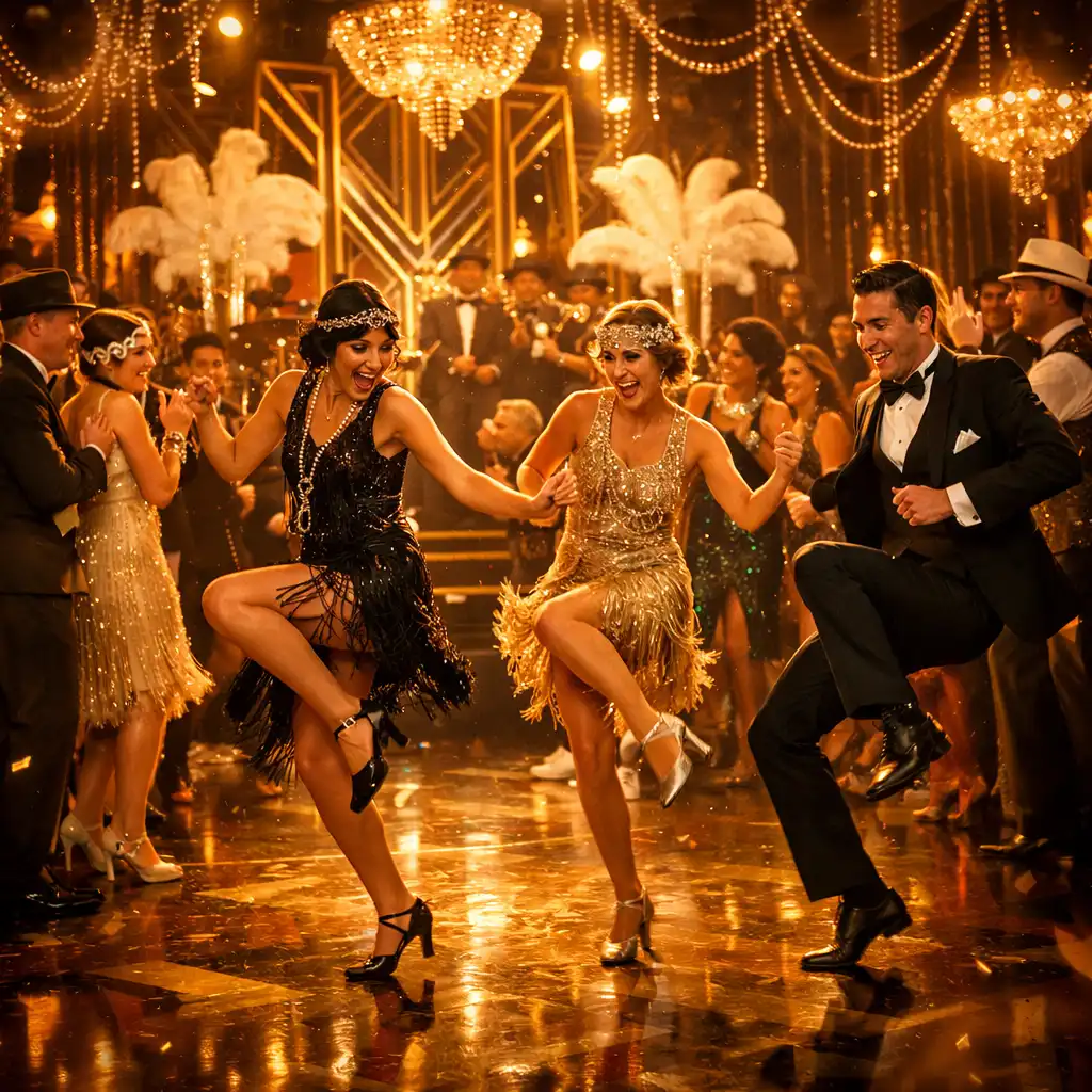 Soirée thématique Gatsby avec invités en tenue des années 1920 et danseurs de charleston