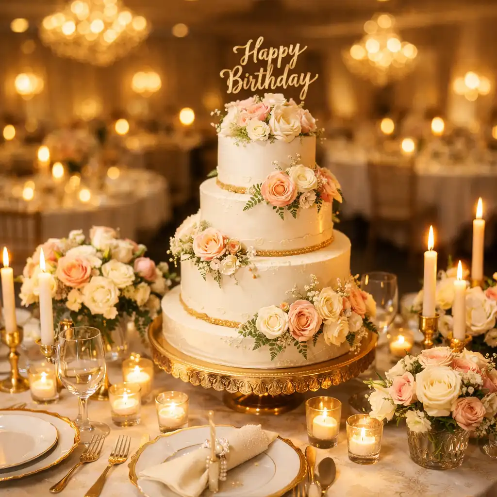 Table de fête d'anniversaire raffinée avec gâteau à étages, fleurs fraîches et bougies allumées