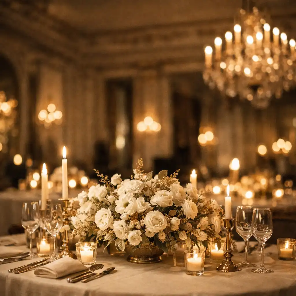 Table de fête élégante dans une salle de réception parisienne avec éclairage tamisé et centre de table floral