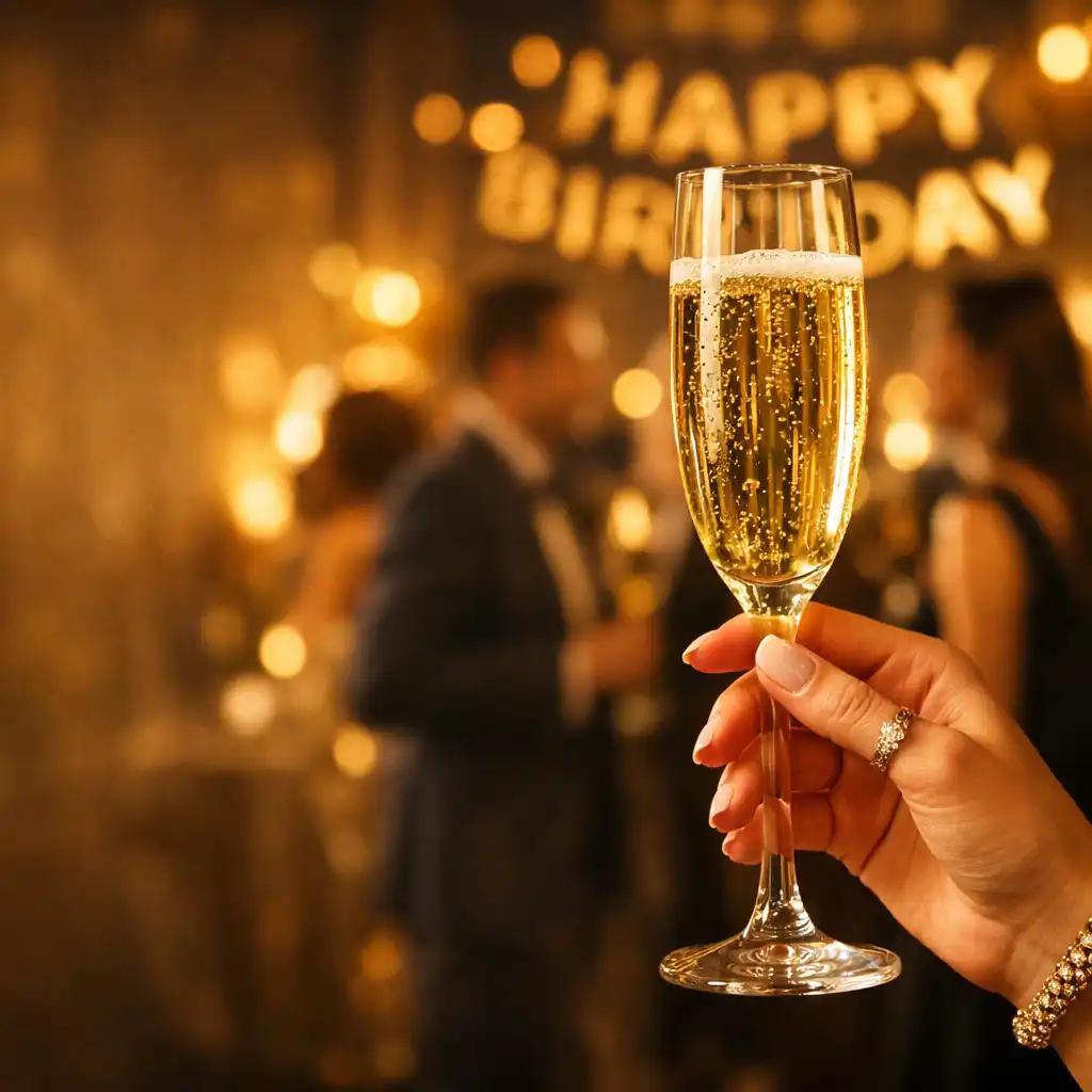 Main élégante tenant une coupe de champagne lors d'une soirée d'anniversaire