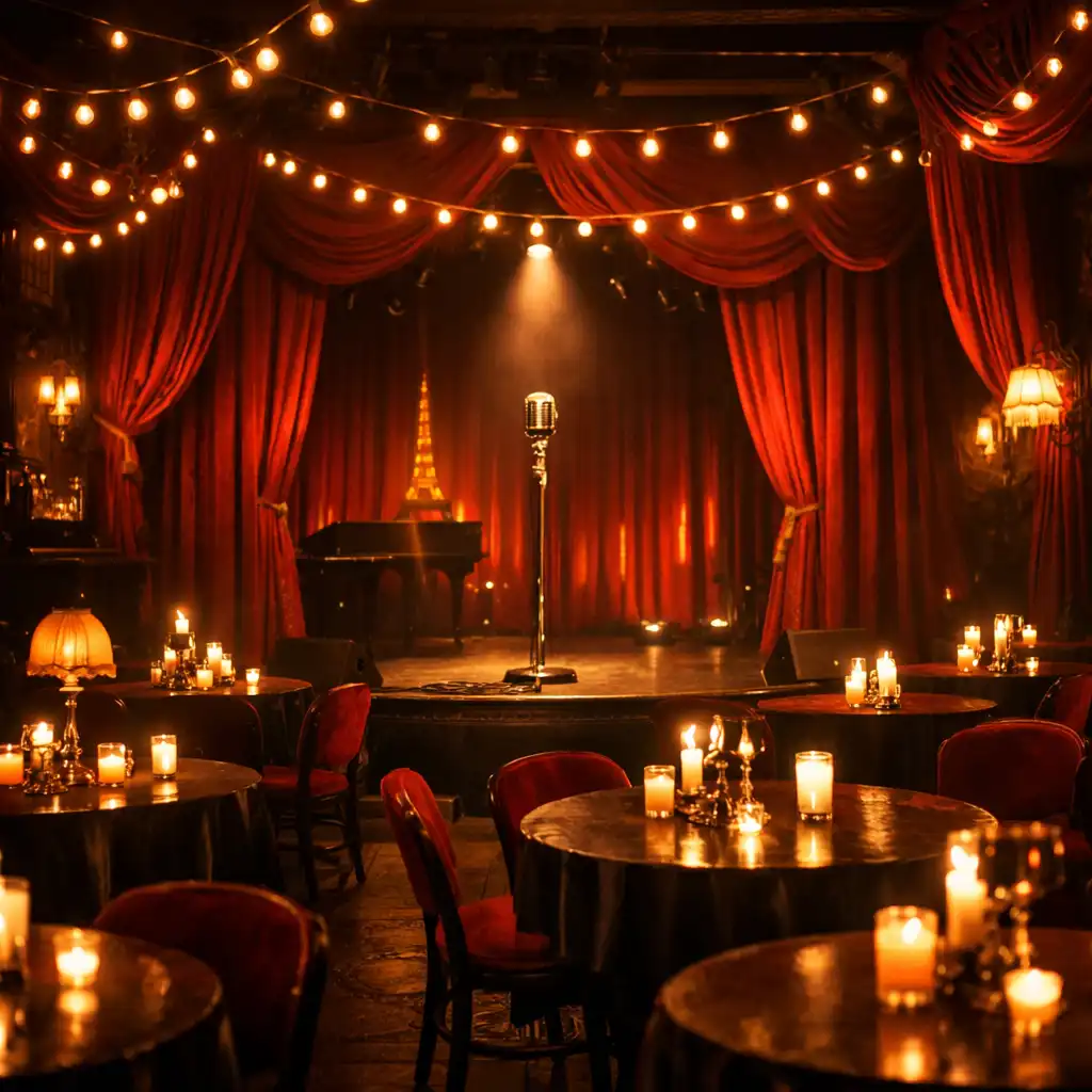 Décor de soirée thématique transformé en cabaret parisien avec rideaux rouges et guirlandes lumineuses