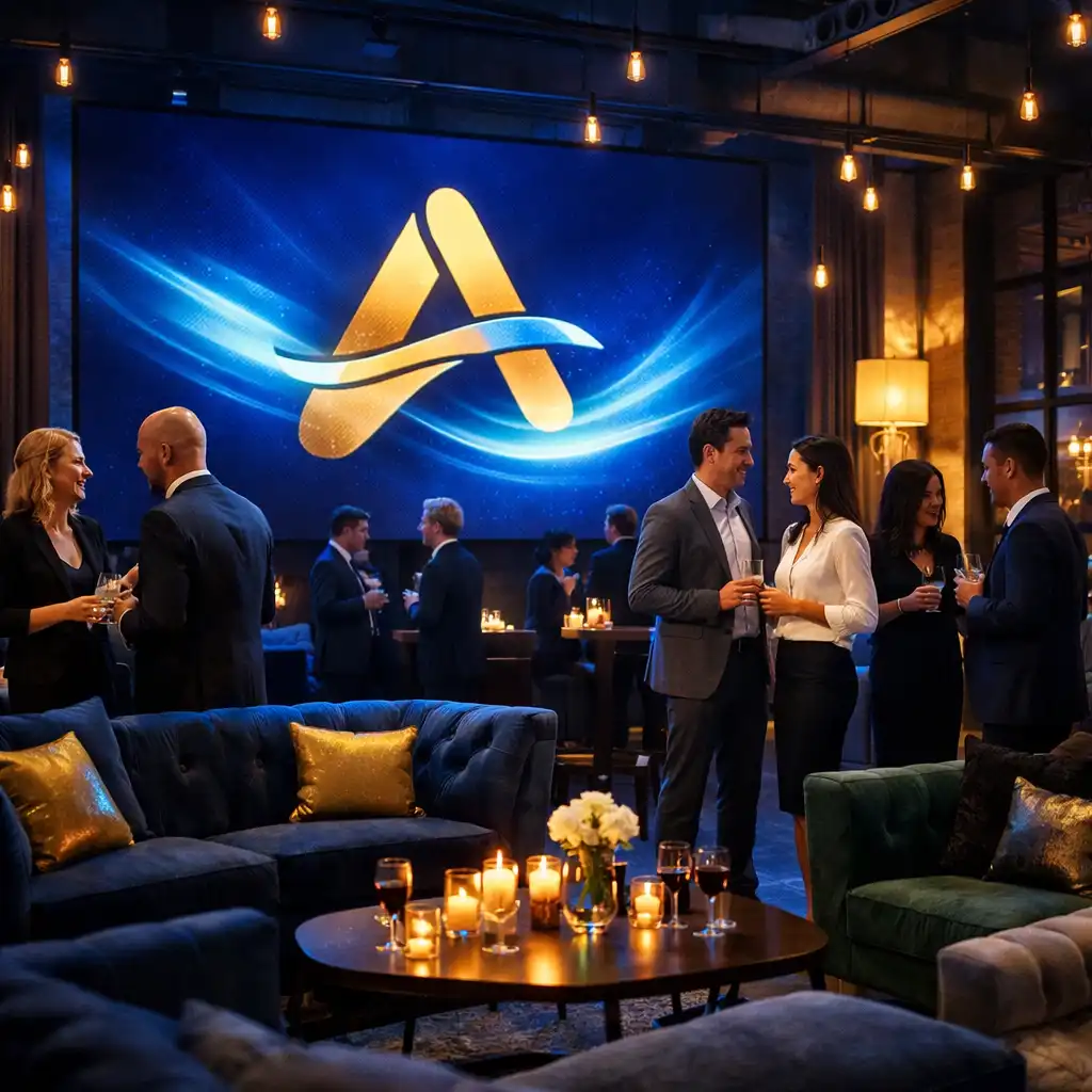 Soirée d'entreprise dans un loft moderne avec espace lounge, écran géant et éclairage bleu nuit et doré