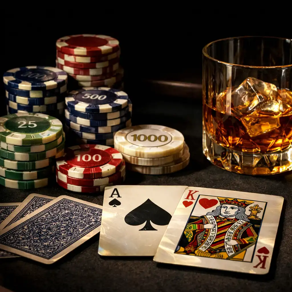 Détail d'une table de poker professionnelle avec jetons en nacre et cartes à jouer