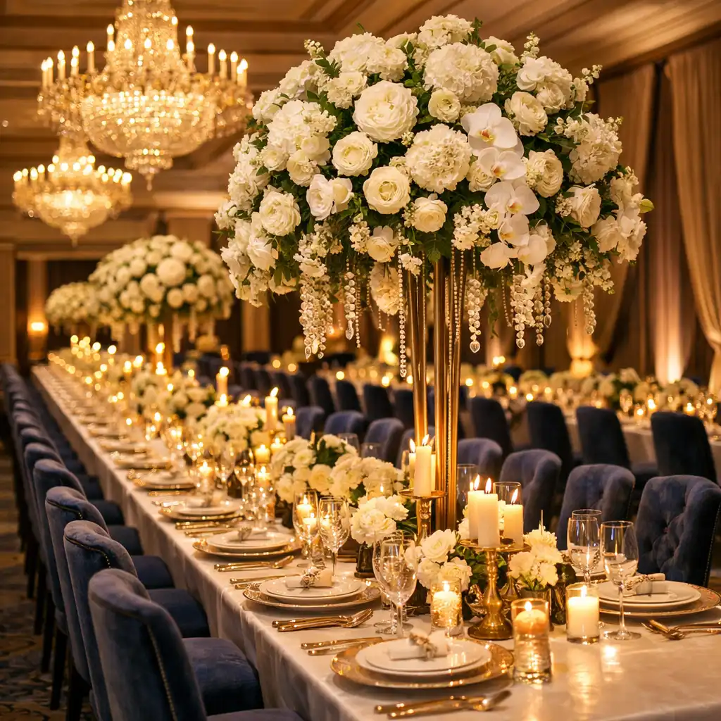Salle de réception avec grande table dressée pour un dîner de gala et lustre en cristal