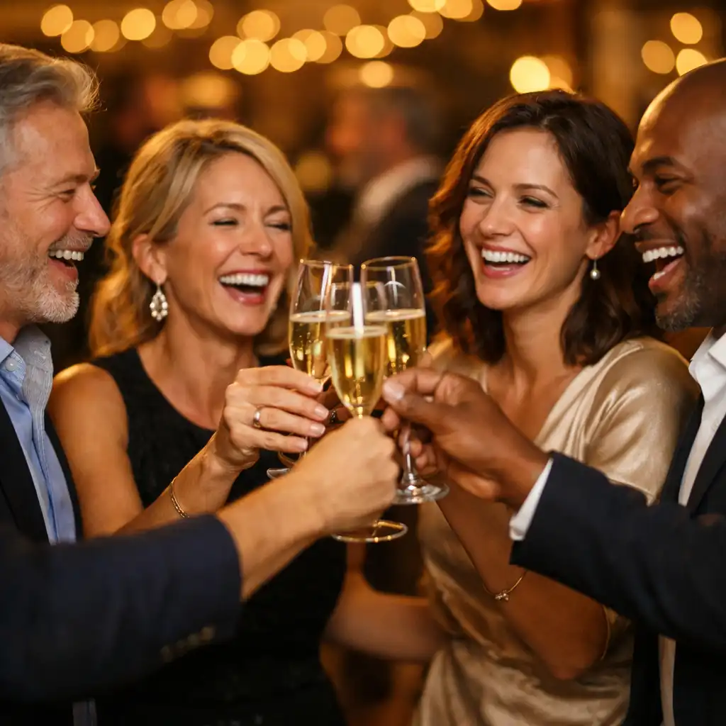 Moment de convivialité lors d'une soirée privée avec invités riant et trinquant