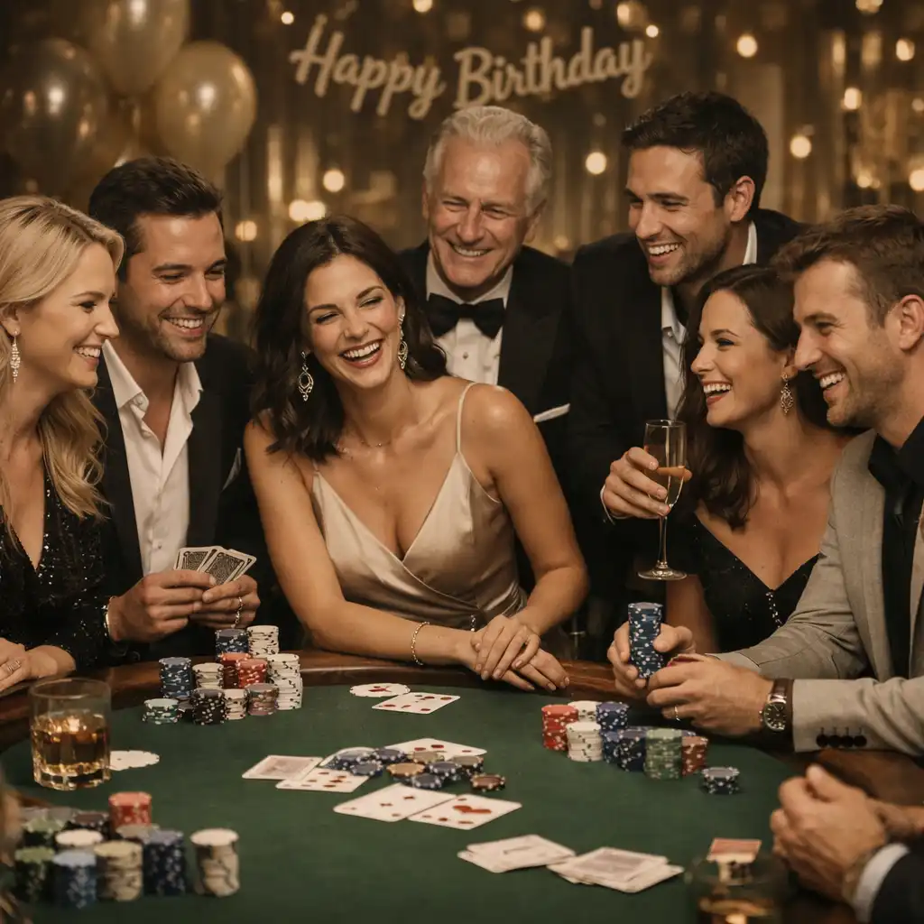 Invités souriants lors d'un anniversaire, rassemblés autour d'une table de poker