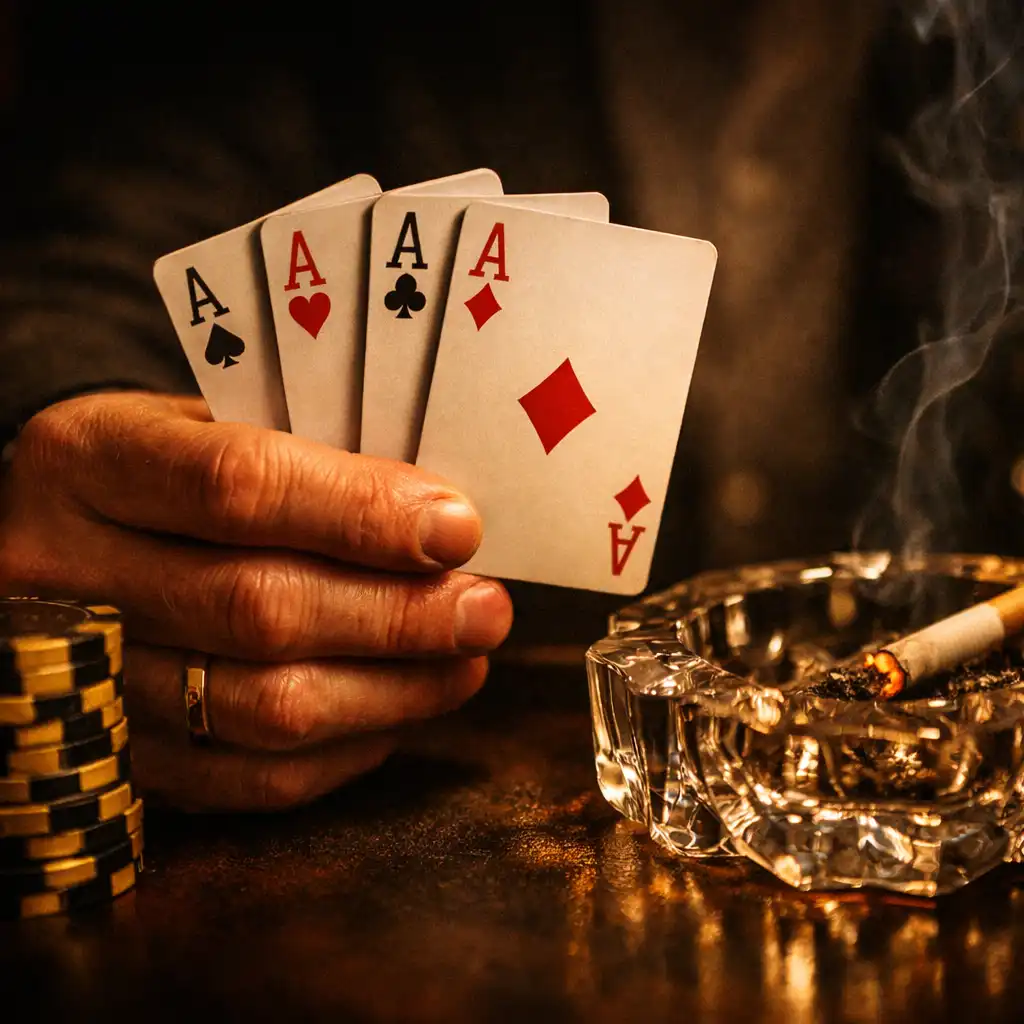 Gros plan sur une main de joueur tenant des cartes lors d'une partie de poker offline