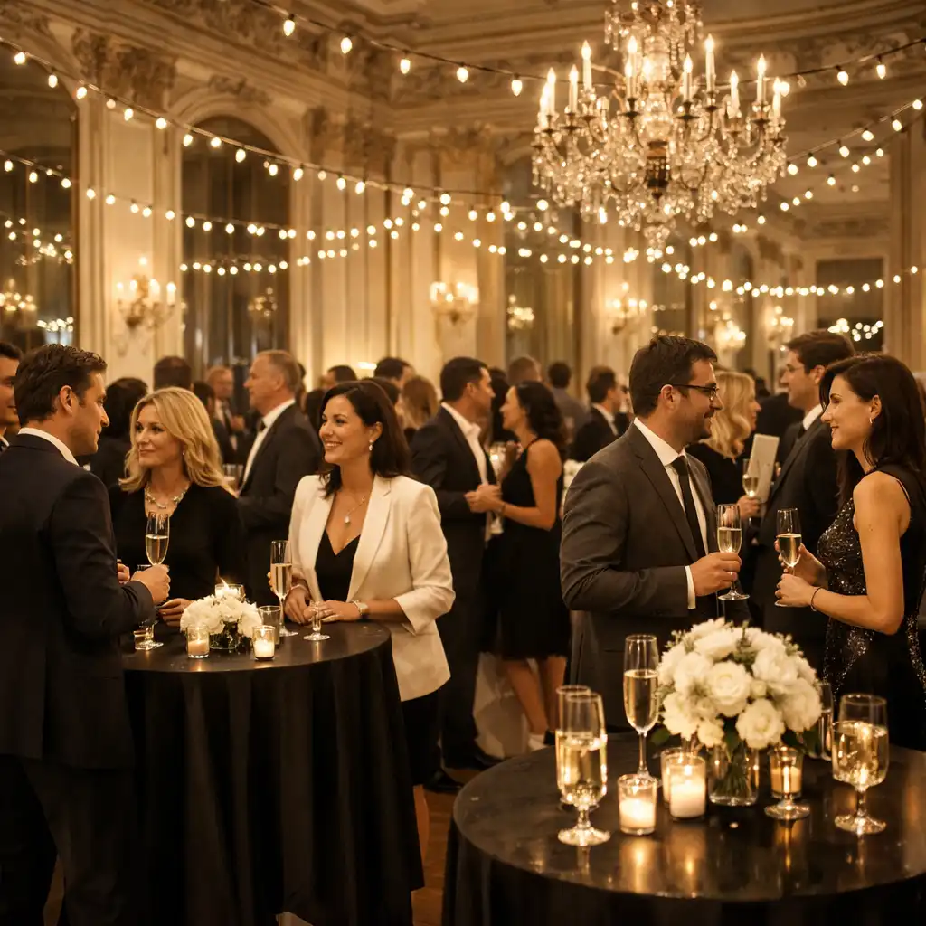 Soirée d'entreprise dans un grand salon parisien avec des invités élégants et des verres de champagne
