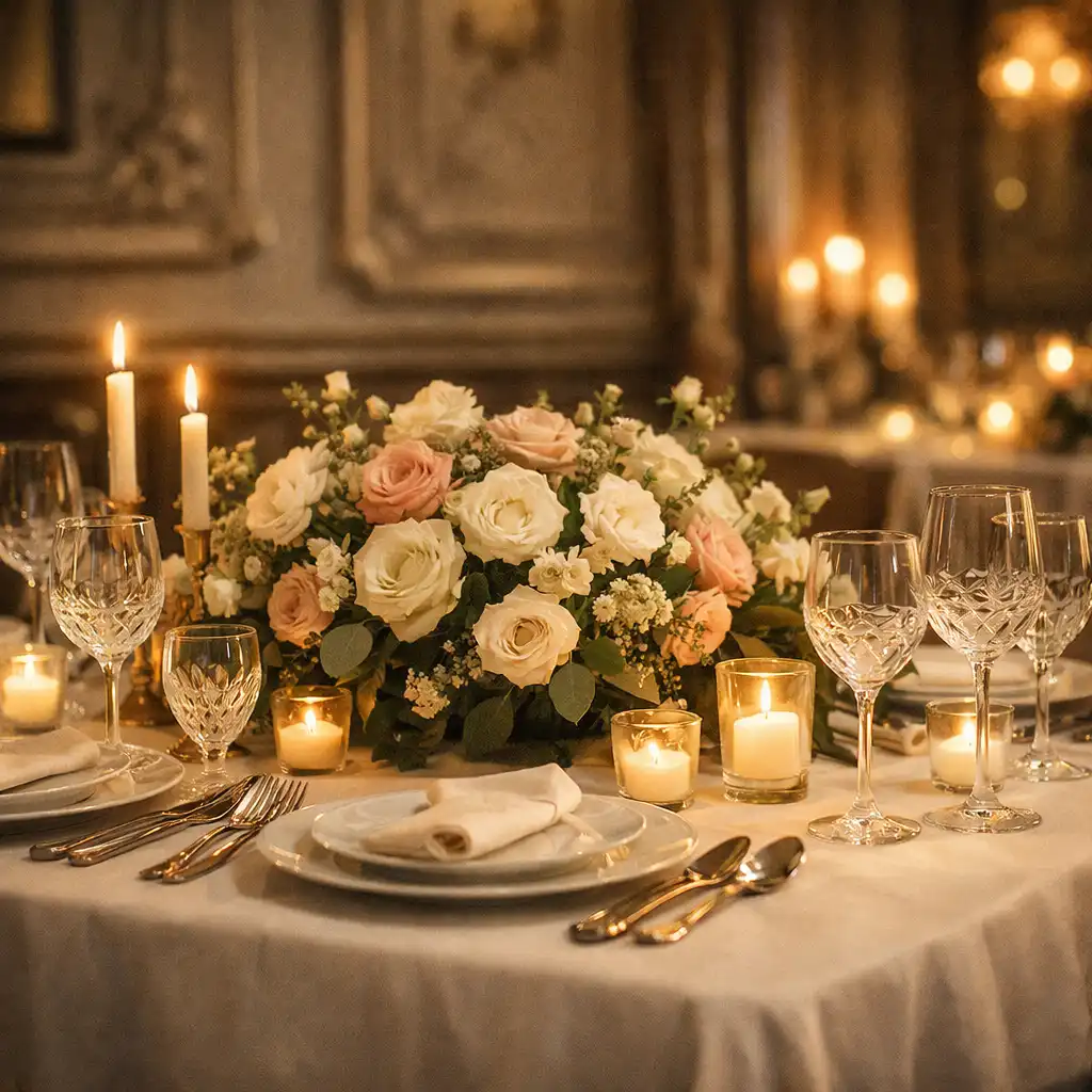 Table de réception dressée avec soin, nappe blanche, vaisselle en porcelaine et centre de table floral
