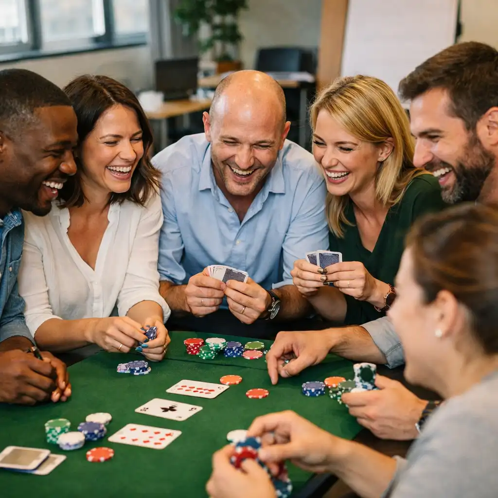 Groupe de collègues participant à un atelier de team building autour d'une table de poker