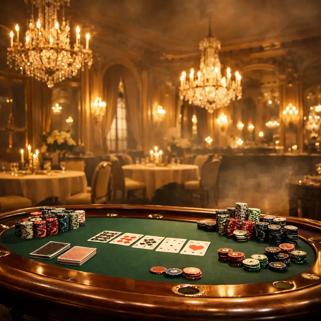 Salle de réception parisienne élégante avec table de poker en acajou, lustres en cristal et ambiance tamisée