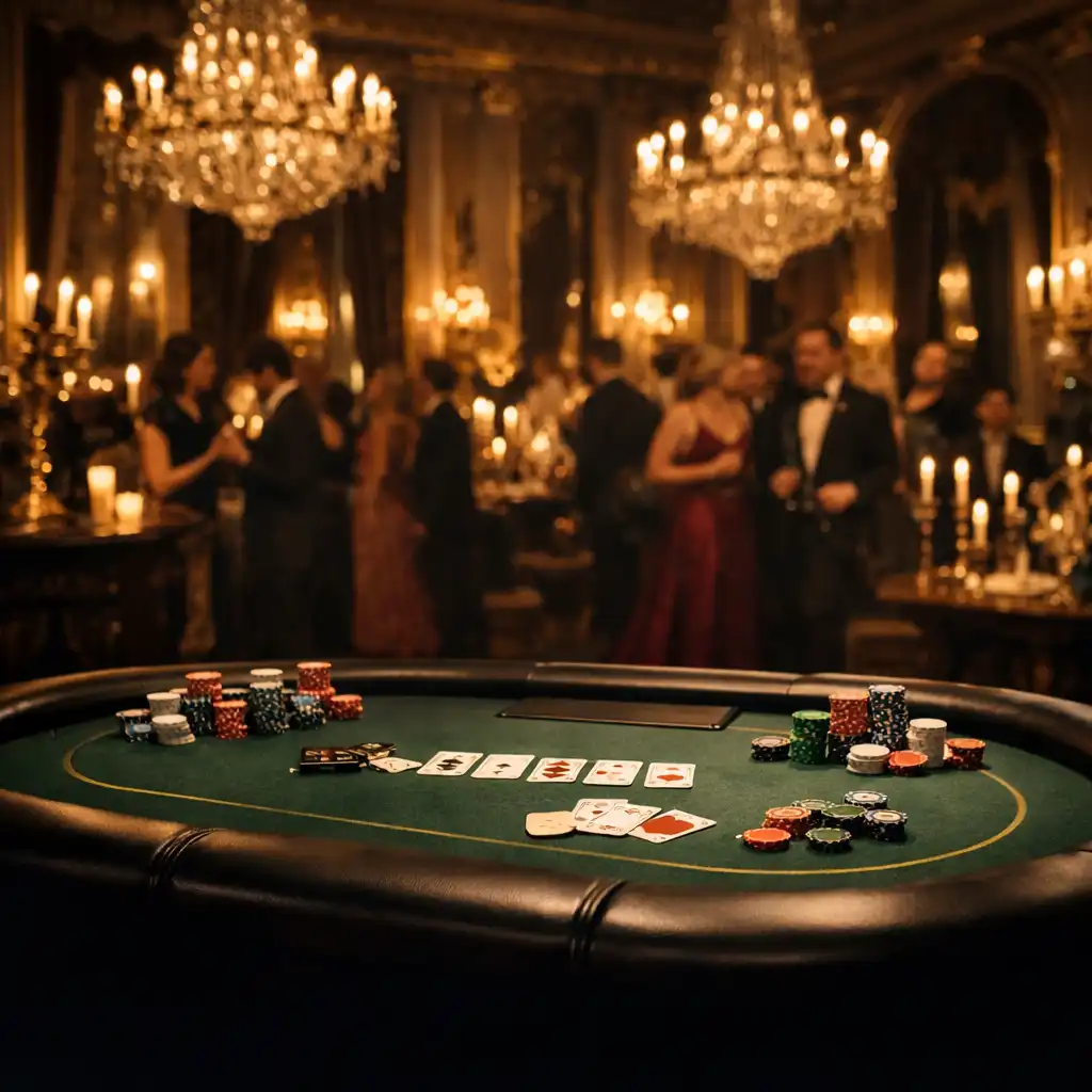 Salle de réception parisienne élégante avec une table de poker professionnelle au premier plan