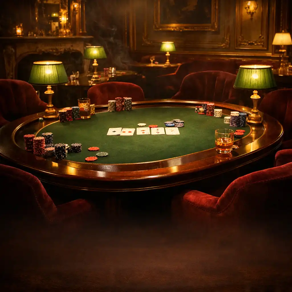 Table de poker élégante dans un salon parisien haut de gamme avec éclairage tamisé et touches dorées