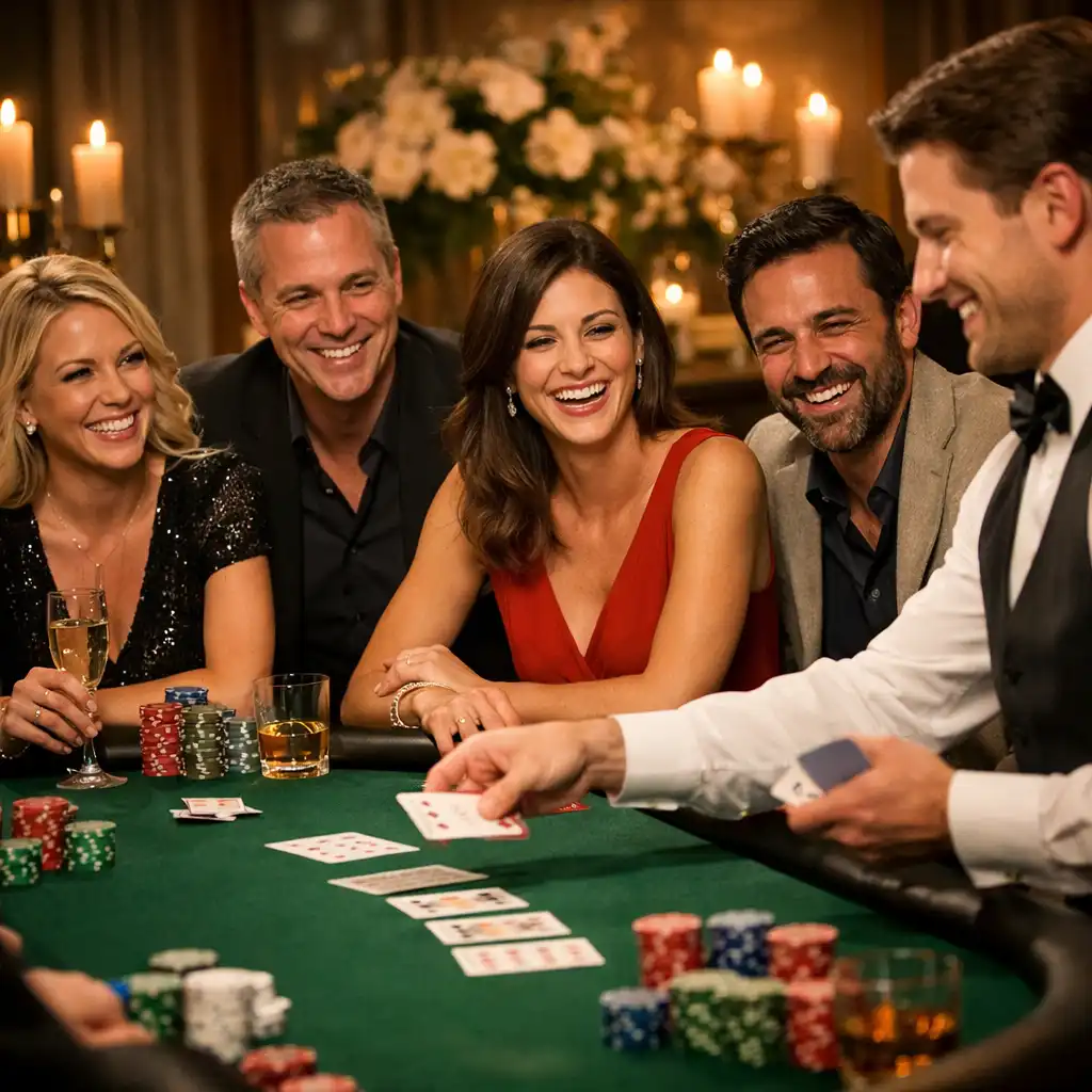 Invités souriants autour d'une table de poker lors d'une soirée privée, croupier distribuant les cartes