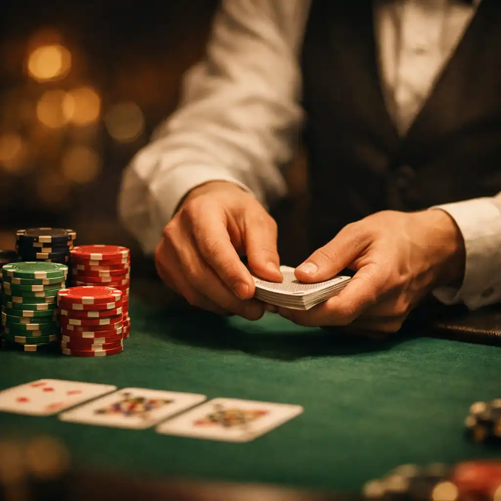Gros plan sur les mains d'un croupier distribuant des cartes sur une table de poker avec des jetons