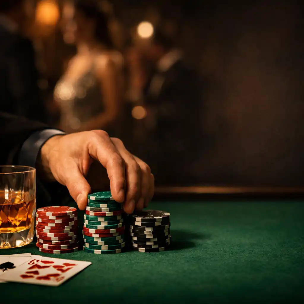 Gros plan sur des jetons de poker sur un tapis vert lors d'un événement corporatif