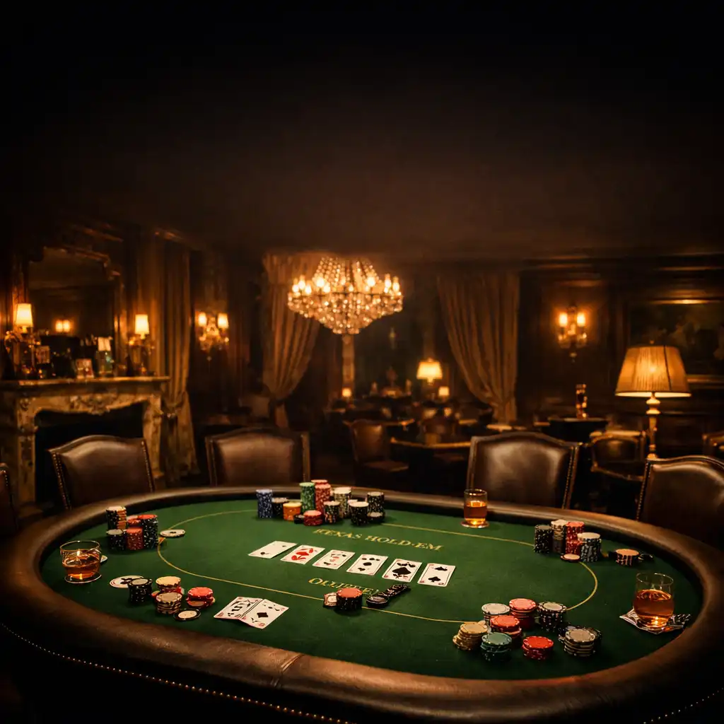 Table de poker professionnelle dans un salon parisien élégant, éclairage tamisé et ambiance feutrée