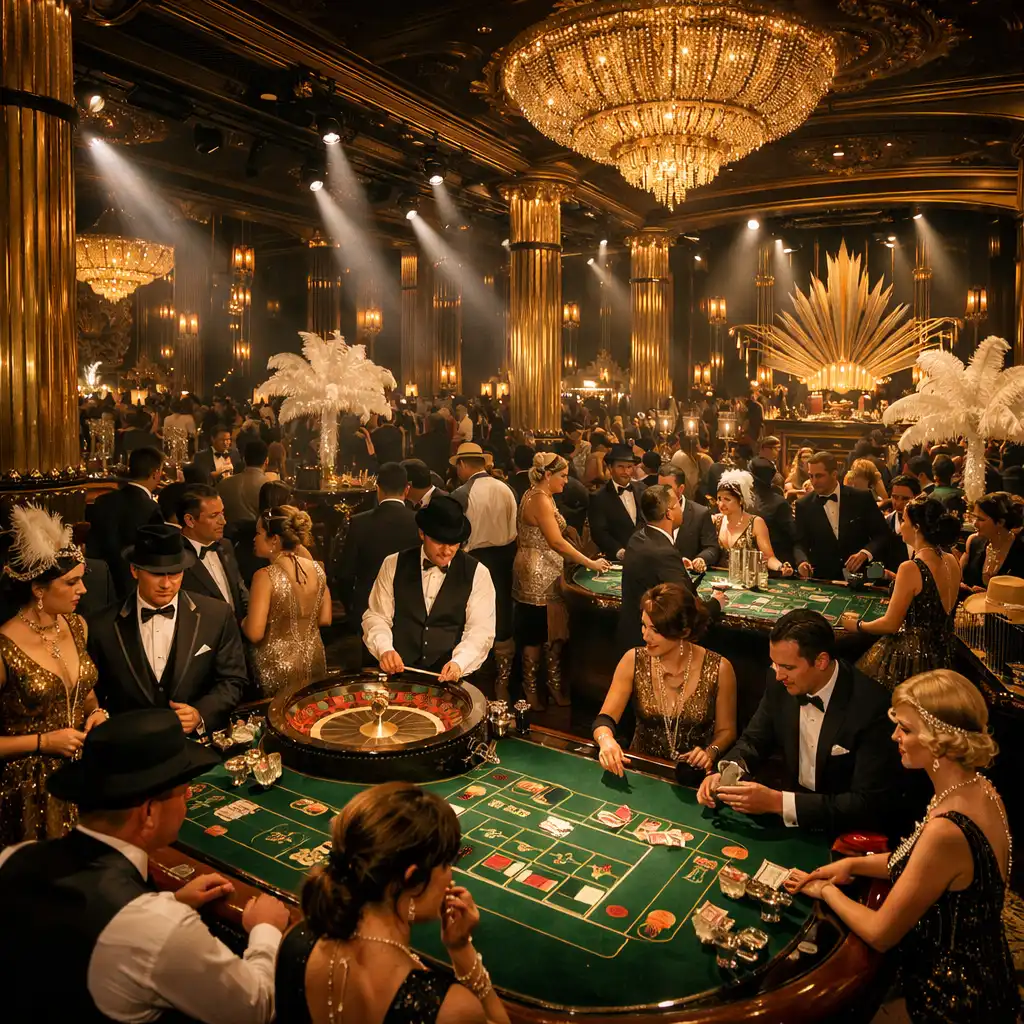 Soirée à thème casino des années 1920 dans une salle Art déco avec colonnes dorées et invités en costumes d'époque