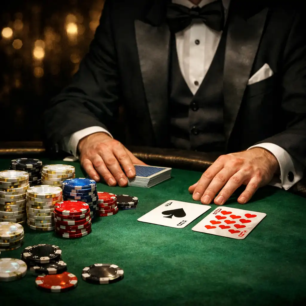 Gros plan sur une table de poker professionnelle avec jetons en nacre et cartes