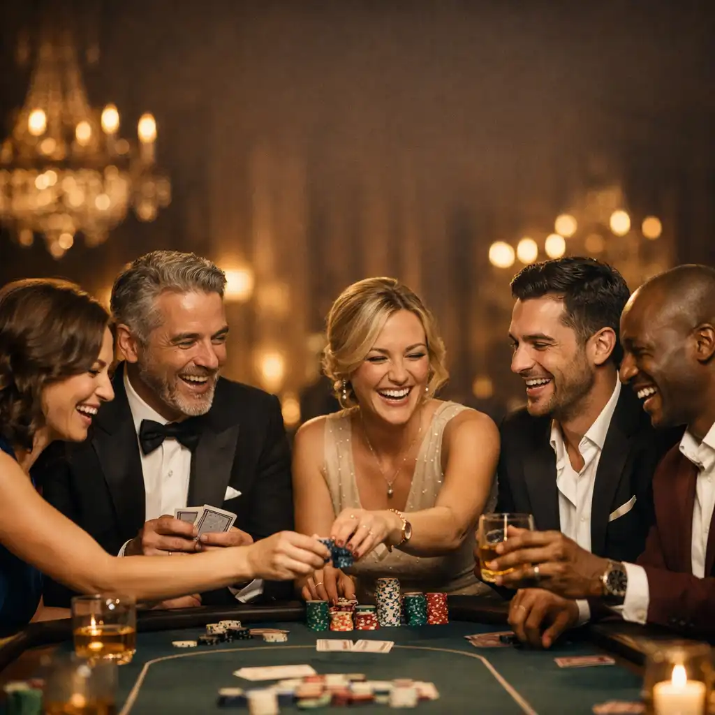 Collègues élégants riant autour d'une table de poker professionnelle dans une salle de réception parisienne
