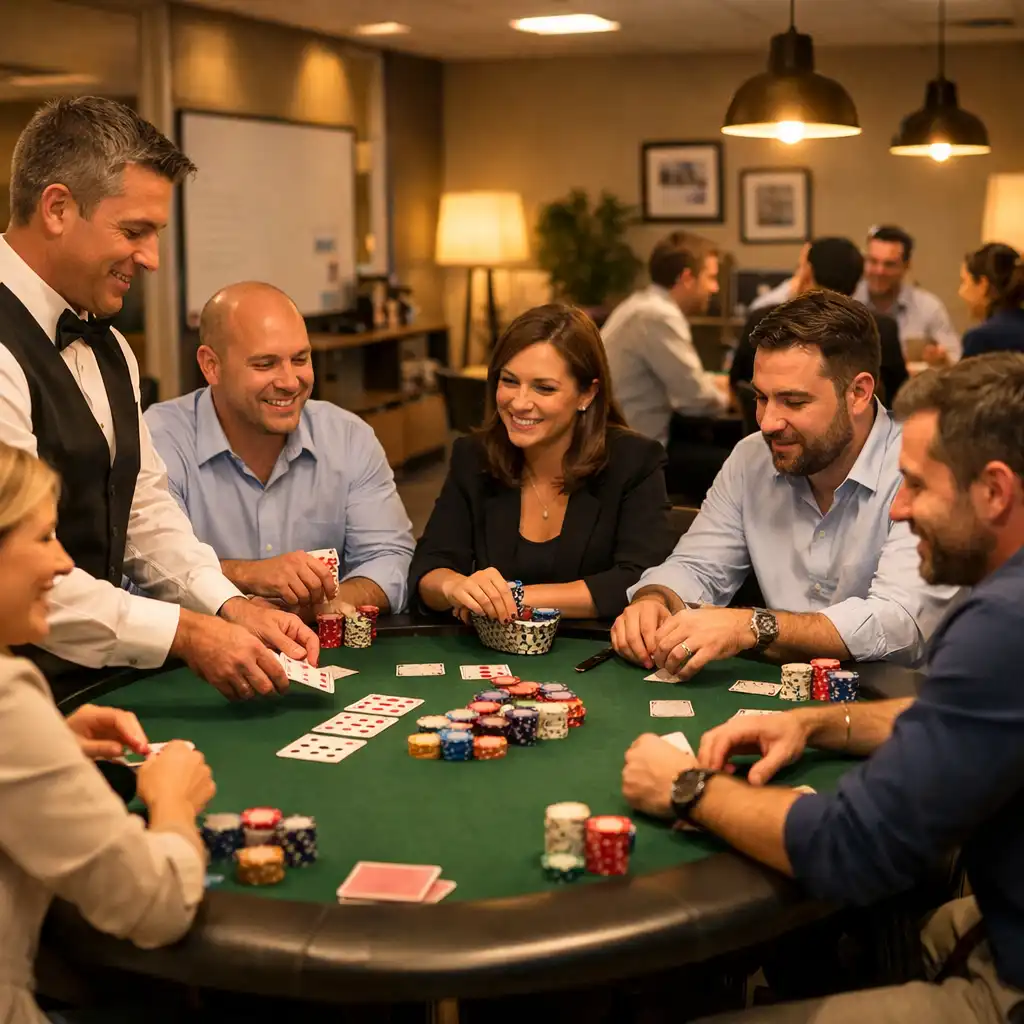 Groupe de collègues participant à un tournoi de poker amical dans une salle de réunion transformée